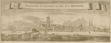 16 -13 Gezicht op Deventer, de hanzestad. Titel in een banier met aan weerszijden de wapenschilden van Deventer en ...