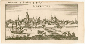 2 -12 Gezicht op Deventer, met een summiere verklaring: 1. Der Thum, 2. Rathaus, 3. Yssl fl., 1600