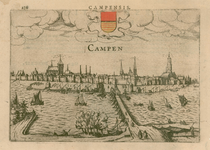 2 -9 Gezicht op Kampen, met ingekleurd wapen, in dorso een Latijnse tekst over Swollae [Zwolle]. Linksboven oud ...
