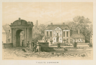 3 -2 Afbeelding van het huis in Diepenheim, met op de voorgrond honden en mensen op een brug., 1800