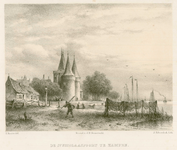3 -8 Afbeelding van de Sint Nicolaaspoort in Kampen, met op de voorgrond vissersnetten en een visser., 1858