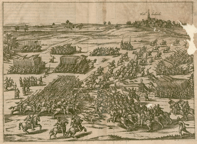 5 -9 Afbeelding van de slag bij Hardenberg op 17 juni 1580, in vogelvlucht, met de stad op de achtergrond., 1700