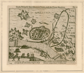 8 -3 Overzichtskaartje van het beleg van Deventer. Vier versregels in het Latijn., 1622