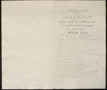 1 Register van de kaarten in de Atlas der Frontieren van Gelderland Overijssel en Groningen., 1740