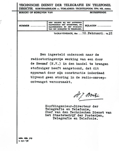13800 FDHEEMAF021489 Mededeling van PTT Den Haag dat de HEEMAF stofzuiger inderdaad niet stoort op de radio, 1938-03-01