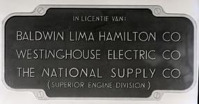 20358 FDHEEMAF061309 Naamplaat met het opschrift: In licentie van Baldwin Lima Hamilton Co, Westinghouse Electric Co, ...