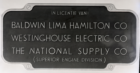 20358 FDHEEMAF061309 Naamplaat met het opschrift: In licentie van Baldwin Lima Hamilton Co, Westinghouse Electric Co, ...