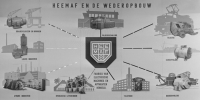 22945 FDHEEMAF058627 Tableau op de HEEMAF stand op de tentoonstelling FF in Enschede. Motief: HEEMAF en de wederopbouw, ...