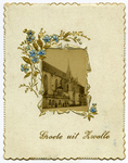 66 Opname van de Grote of St. Michaëlskerk in Zwolle verwerkt in een prentbriefkaartje met opschrift 'Groete uit ...