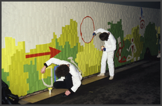 24998 DIA000495 Graffiti in een rijwieltunnel officieel gefiatteerd en aangebracht door beroepsschilder., 1987-00-00