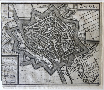 1453-KD001096 Zwol Gravure, plattegrond van de stad Zwolle, in vogelvlucht, met kerken, poorten, markten etc. Onderdeel ...