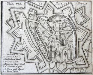 1454-KD001097 Plan van de stad Zwol Schematische gravure van de binnenstad van Zwolle, met kerken, kapellen en ...