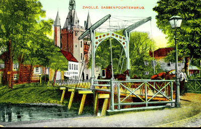 1232 PBKR3196 Ingekleurde prentbriefkaart van de Sassenpoortenbrug (ophaalbrug 1861-1907) met daarop een handkar en een ...