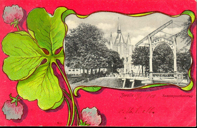 1256 PBKR3220 Foto in groen-rode tierelantijnen gevat met beeld van de Sassenpoortenbrug en de Sassenpoort., 1900-00-00