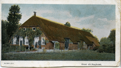 1423 PBKR6085 Ingekleurde prentbriefkaart van een typisch Staphorster hallenhuisboerderij, 00-00-1910 - 00-00-1915