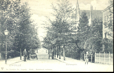 187 PBKR3595 De Terborchstraat, gezien in de richting van het Stationsplein, ca. 1900. Tussen de bomen is het ...