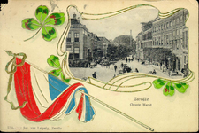 4338 PBKR1411 Reliefkaart met vlag en klavertje vier.Gezicht vanaf de Grote Markt op de Melkmarkt, ca. 1903. Links ...