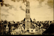 4613 PBKR2586 Prentbriefkaart van het schilderij waarop de brand in de toren van de OLV-kerk staat afgebeeld. De brand ...