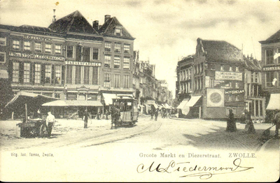 4737 PBKR1486 Grote Markt met paardentram, ca. 1900.Vanaf links: Grote Markt 9 Eerste Nederlandse Stoomkleedermakerij ...