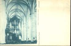 5633 PBKR1663 Grote Kerk, interieur ca. 1900.Preekstoel, kroonluchter, met op de achtergrond het orgel., 1900-00-00