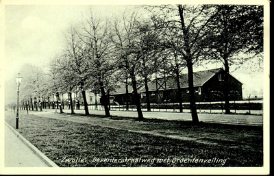 5743 PBKR0554 Deventerstraatweg, ca. 1949. Tussen de bomen zicht op de loodsen van het veilinggebouw van de ...