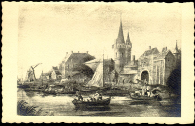 6085 PBKR2890 Rodetorenplein met Hopmanshuis en kraan, de Rodetoren (gebouwd in 1627, afgebroken in 1845), daarnaast de ...