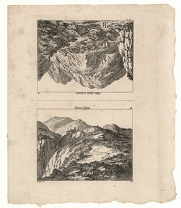 1057 -TP000957 Vel met twee afbeeldingen. Afbeelding 1: Het klooster Pfeffers omgeven door bergen. Afbeelding 2: ...