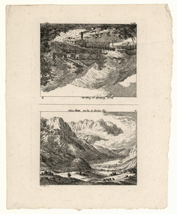 1098 -TP000962 Twee afbeeldingen waarvan een onderstevoven. Afbeelding 1: Bergen in een dal in Zwitserland. Afbeelding ...
