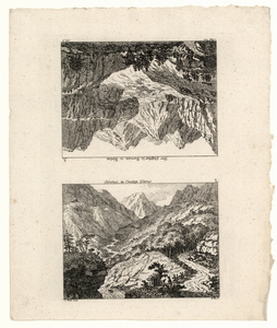 1099 -TP000963 Twee afbeeldingen op een vel waarvan een ondersteboven. Afbeelding 1: Gletsjer Zu Bernina in Bünten. ...