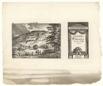 1103 -TP000967 Vier mannen staan voor een hekje te kijken naar een berg. Met rechts kalendervoorblad., 1783