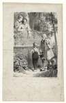 1105 -TP000969 Twee vrouwen staan achter een tuinmuur en geven geld aan een jongetje en zijn vader die staan te bedelen ...