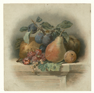 1122 -TP000986 Stilleven van diverse soorten fruit: peren, perzik, aardbeien, druiven en een appel.
