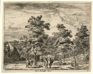 1125 -TP000989 Afbeelding van mensen die door een laan met bomen flaneren. Links op de afbeelding loopt een vrouw met ...