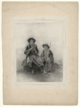 1129 -TP000993 Afbeelding van twee jonge herders die naast elkaar op een steen zitten. De ene speelt fluit en de andere ...