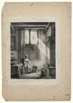1130 -TP000994 Afbeelding van een vrouw in een huiskamer. Aan haar voeten zit een jongetje met een boek.