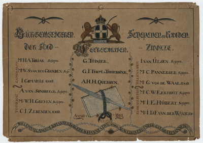 215 -TP001098 Lijst met namen van de schepenen van de stad Zwolle in 1802. Burgemeesteren Schepenen en Raaden der stad ...