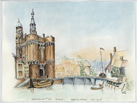 266 -TP001113 Inkttekening van de Diezerpoort en de Stadsgracht rond 1824. Ingekleurd met aquarelverf. Voor de ...