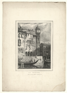 41 -TP000996 Afbeelding van diverse gebouwen, in Verona met op de voorgrond in een schip drie mannen.