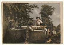 43 -TP000998 Afbeelding van drie kinderen bij een bron. Ze laten een bootje varen in het waterbekken.