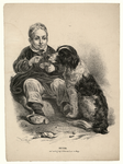 47 -TP001002 Afbeelding van een jongen die en stukje brood op de neus van de hond naast hem legt.