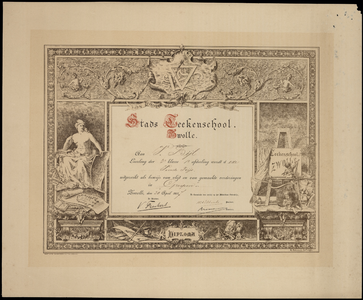 530 -TP000679 Diploma Stads-Tekenschool Zwolle voor Vincent Bijl (geb Pasoeroean Ned OIndie 1874-overl 1950 Arnhem) ...
