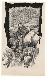 65 -TP001020 Afbeelding van een man op de bok van een wagen vol met aardappels. Hij ment twee paarden.