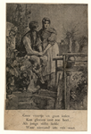 70 -TP001025 Afbeelding van een jongen en een meisje in een tuin. Eronder een gedicht: Geen vuurtje en geen kolen | Kan ...