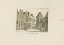 947 -TP000352 Reproductie (van een natekening van Cornelis Pronk) van het Stadhuis, gezien vanuit de Sassenstraat naar ...