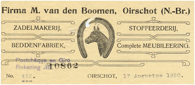 15002 Een briefhoofd van de firma M. van den Boomen. De firma bestaat uit de volgende onderdelen een zadelmakerij, een ...