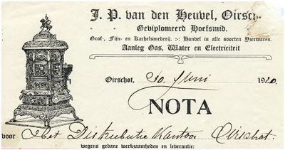 15008 Oirschot Een briefhoofd van J.P. van den Heuvel gediplomeerd hoefsmid. Smederij, handel in ijzerwaren, aanleg ...