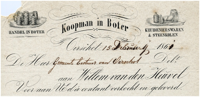 15009 Oirschot Een briefhoofd van Willem van den Heuvel, koopman in boter. Handel in boter, kruidenierswaren en ...