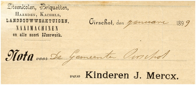 15013 Oirschot Een briefhoofd van Kinderen J. Mercx, voor steenkolen, haarden, kachels landbouwwerktuigen en ...