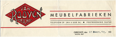 15016 Oirschot Een briefhoofd van Van Rooijen meubelfabrieken, 17-03-1945