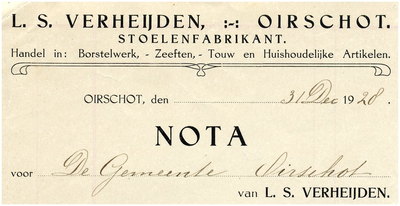 15026 Oirschot Een briefhoofd van L.S. Verheijden, stoelenfabrikant. Tevens handel in borstelwerk, zeeften, touw en ...